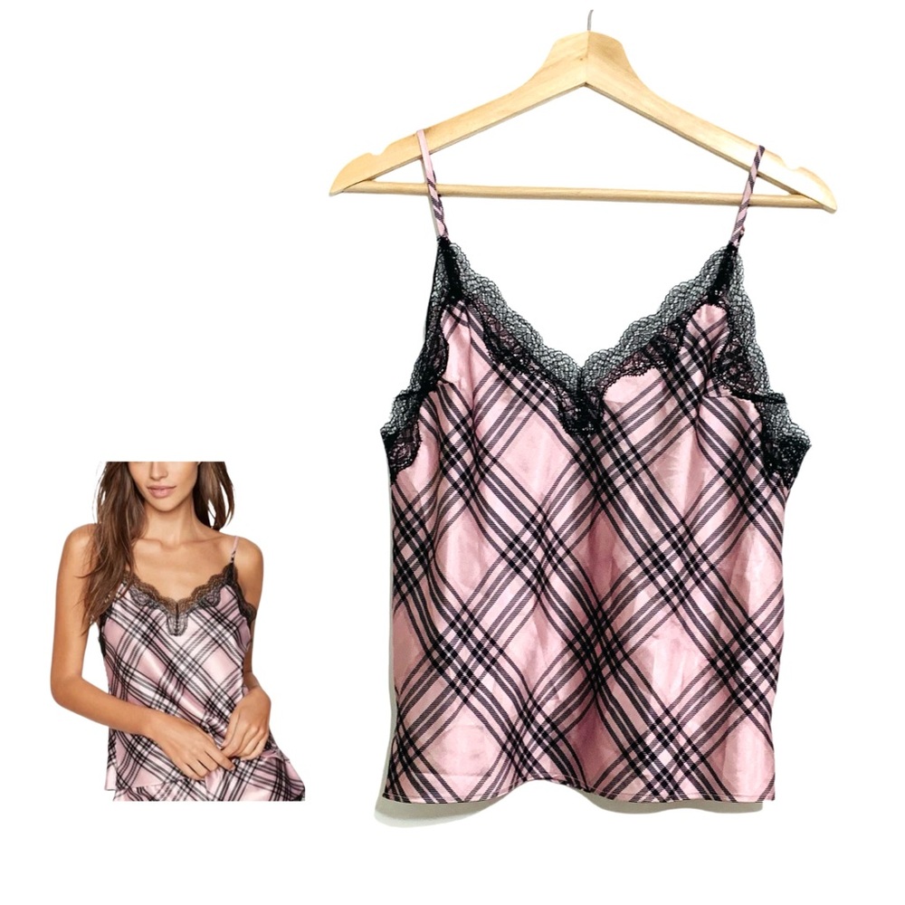 Victoria's Secret Pink Black Lace Plaid Silky Tank  Camisole Top Small Romantic